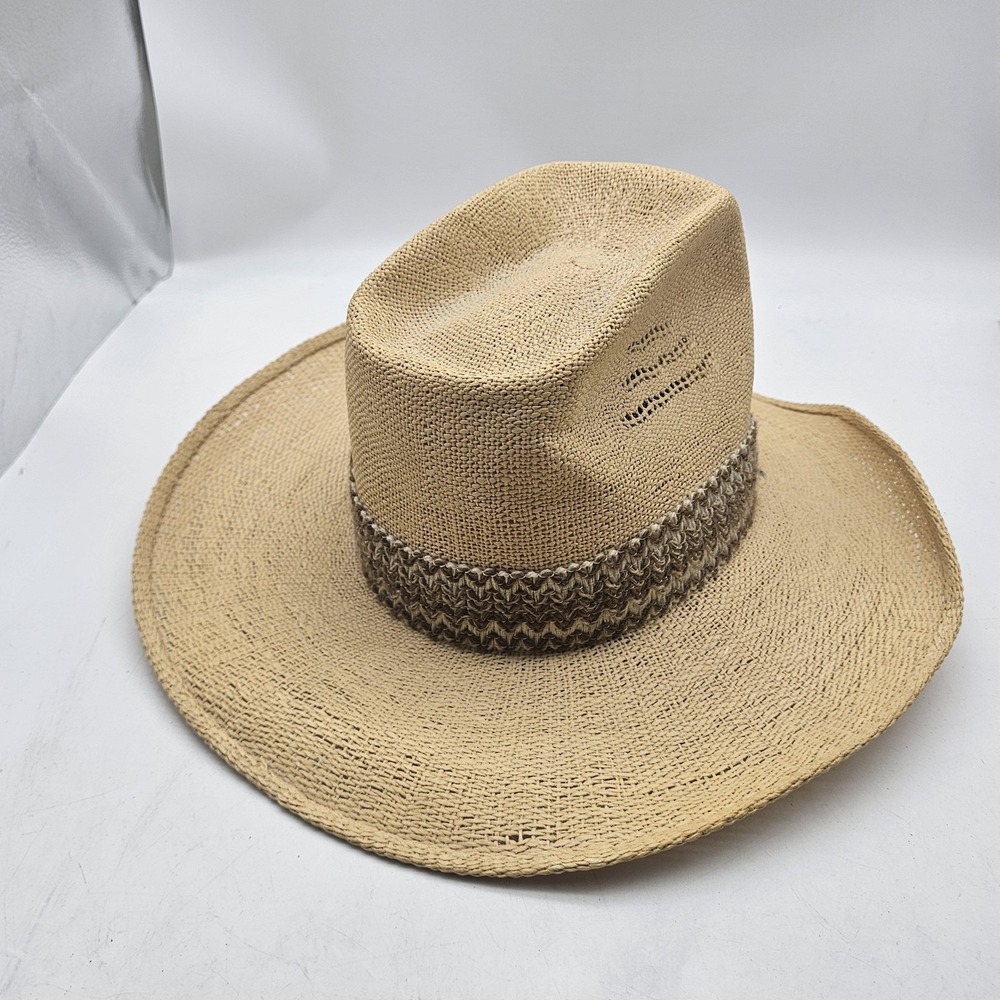 Resistol Stagecoach Hat Cowboy Fitted Mens 7 5/8 Beige Straw Feather Western - Picture 4 of 12